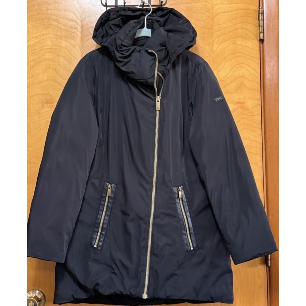 Donna Karan Womens Puffer Coat  Faux Leather Trim Winter Warm Pockets Black M